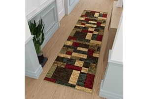 OTTOMANSON Machine Washable Boxes Design Non-Slip Rubberback 3x10 Traditional Runner Rug for Hallway, Kitchen, Bedroom, Living Room, 2'7" x 9'10", Boxes Multicolor