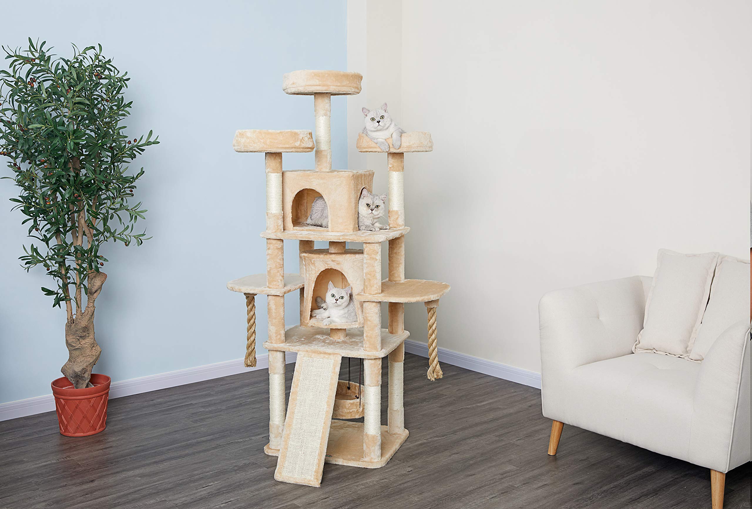 Go Pet Club 70" Jungle Rope Cat Tree Kitty Condo Tower House Furniture with Swing Bed and and Slide for Indoor Cats, Beige