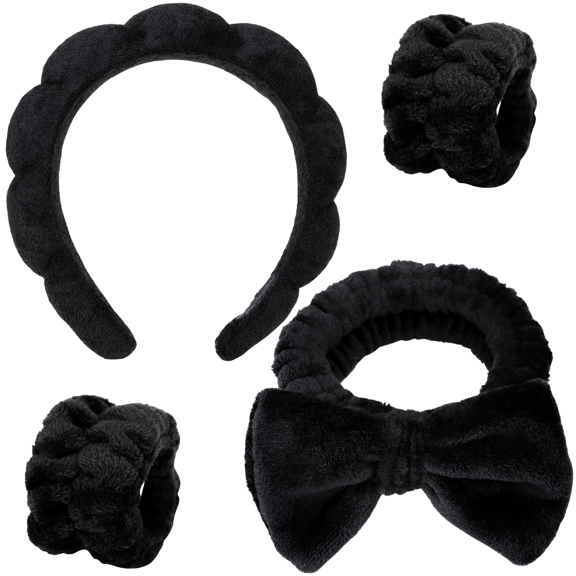 4PCS Spa Headband Hairband & Wristband Set Bow-tie Hairband with Buckled Hair Band Wrist Washband Terry Towel Cloth Headband for Washing Face Makeup Removal Skincare Black