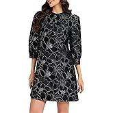 LADYFUL Women's Floral Jacquard Shift Dress 2026 Long Puff Sleeve Button Up Elegant Cocktail Party Mini Dress