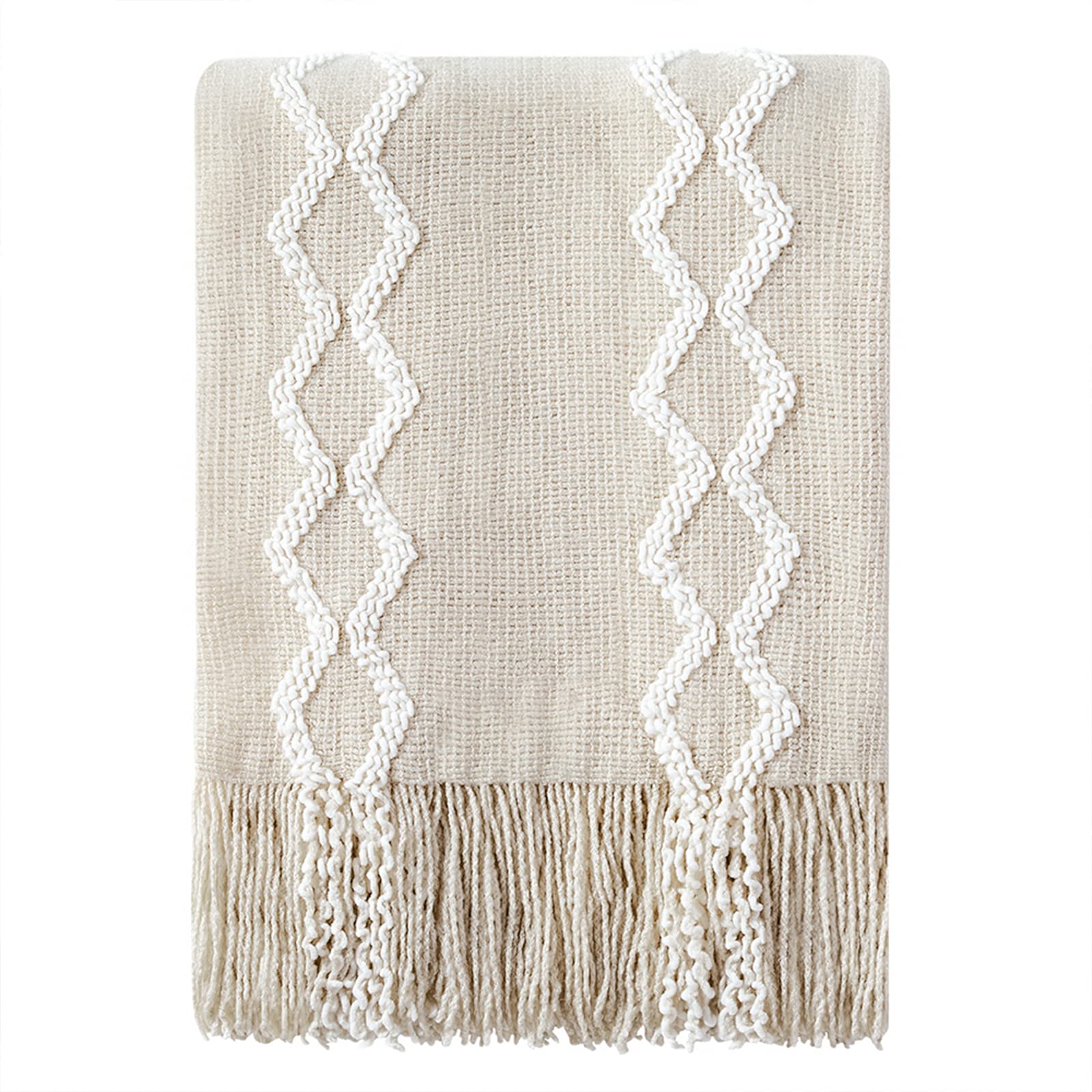 BOURINA Fluffy Chenille Knitted Fringe Throw Blanket, Lightweight Soft Cozy for Bed Sofa Chair,Beige,127x152cm