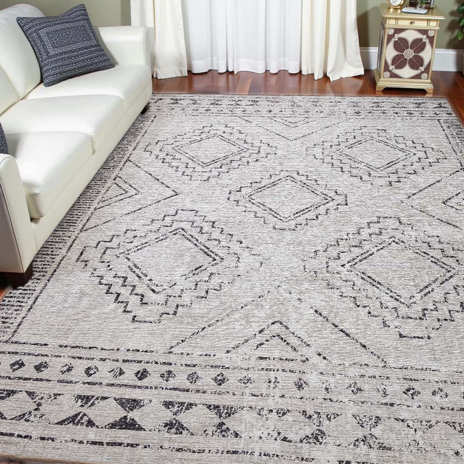 Photo 1 of ILANGO Area Rugs 5x7, Moroccan Grey Rugs for Living Room Machine Washable Area Rugs Dedroom with Rubber Backing Non Slip Carpet for Farmhouse Dining Room, Ultra-Thin, Foldable, Easy Clean(Stone Grey)