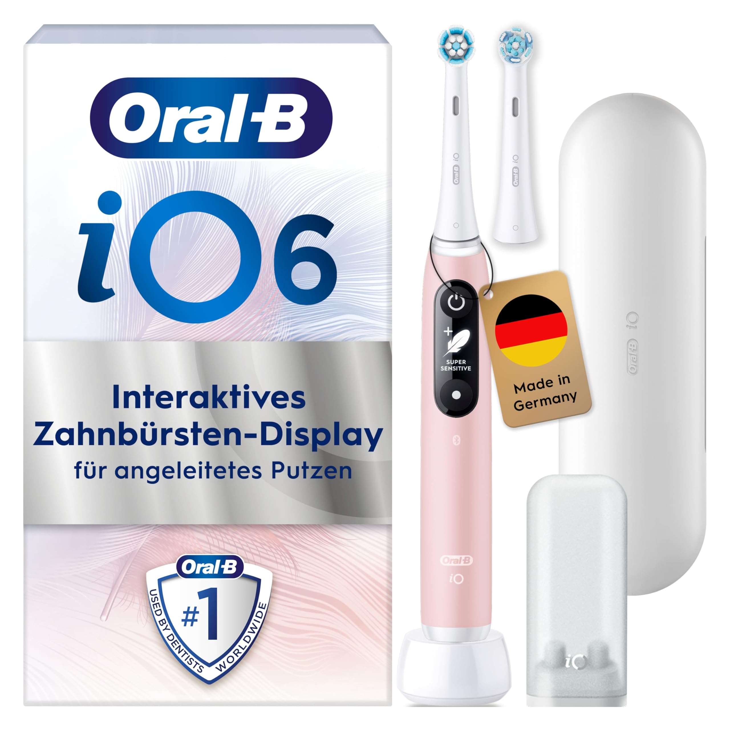 Oral-B iO Series 6 Sensitive Edition Elektrische Zahnbürste/Electric Toothbrush, 2 Aufsteckbürsten, 5 Putzmodi für Zahnpflege, Valentinstagsgeschenk für Ihn/Sie, Designed by Braun, pink sand