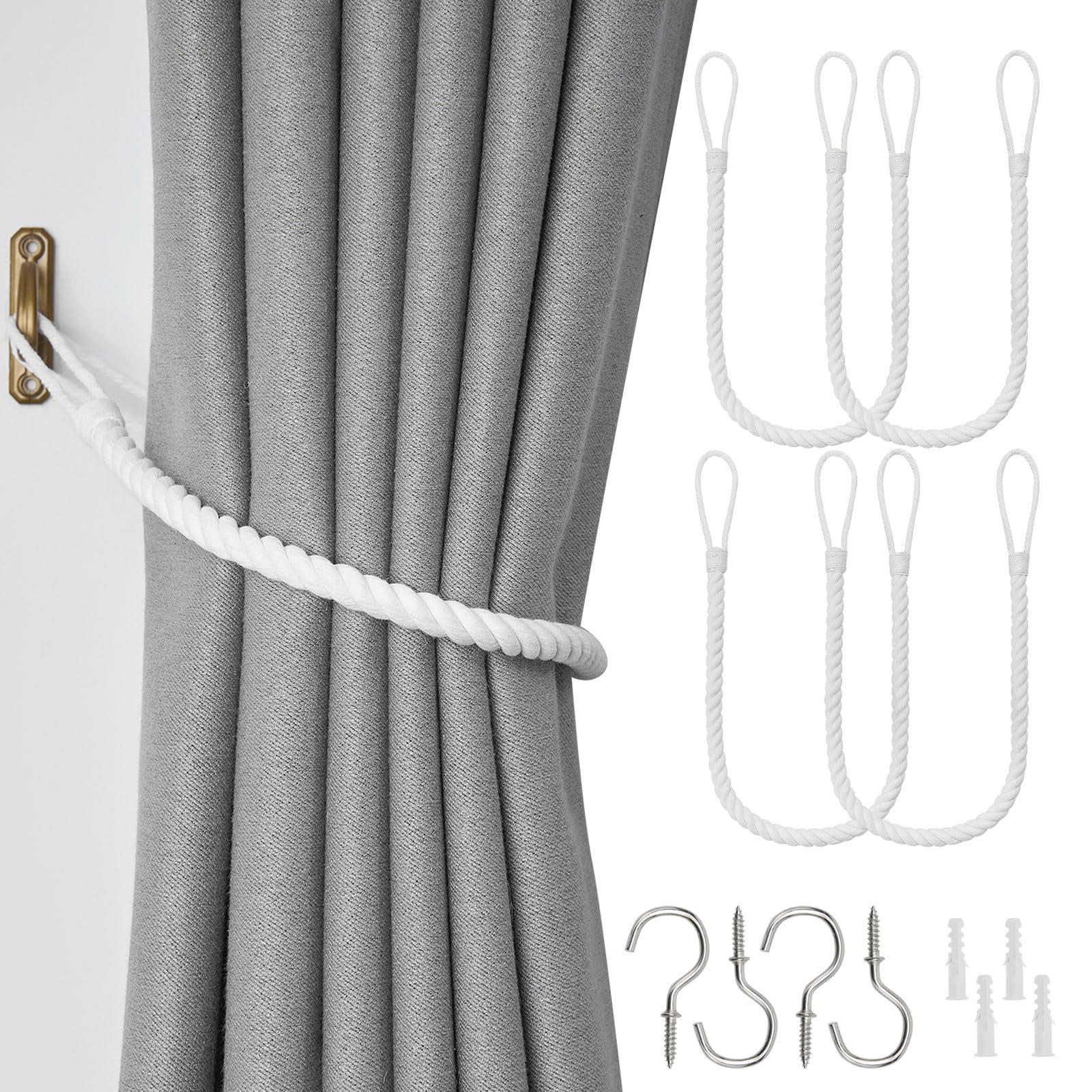 Pretty Jolly 4 Pack Natural Cotton Rope Curtain Tiebacks Boho Rustic Style Decorative Drape Tie Backs Elegant Hand-Woven Rope Curtain Holdbacks with Metal Hook for Home & Office Drapery (Cotton-White)