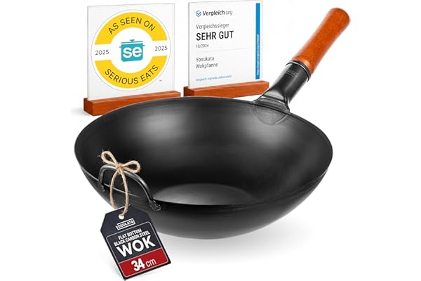 YOSUKATA 34 cm Carbon Steel Wok Pan – Pre-Seasoned Flat Bottom Pow Wok for Stir Fry, BBQ, Grill & Camping – Traditional Japan