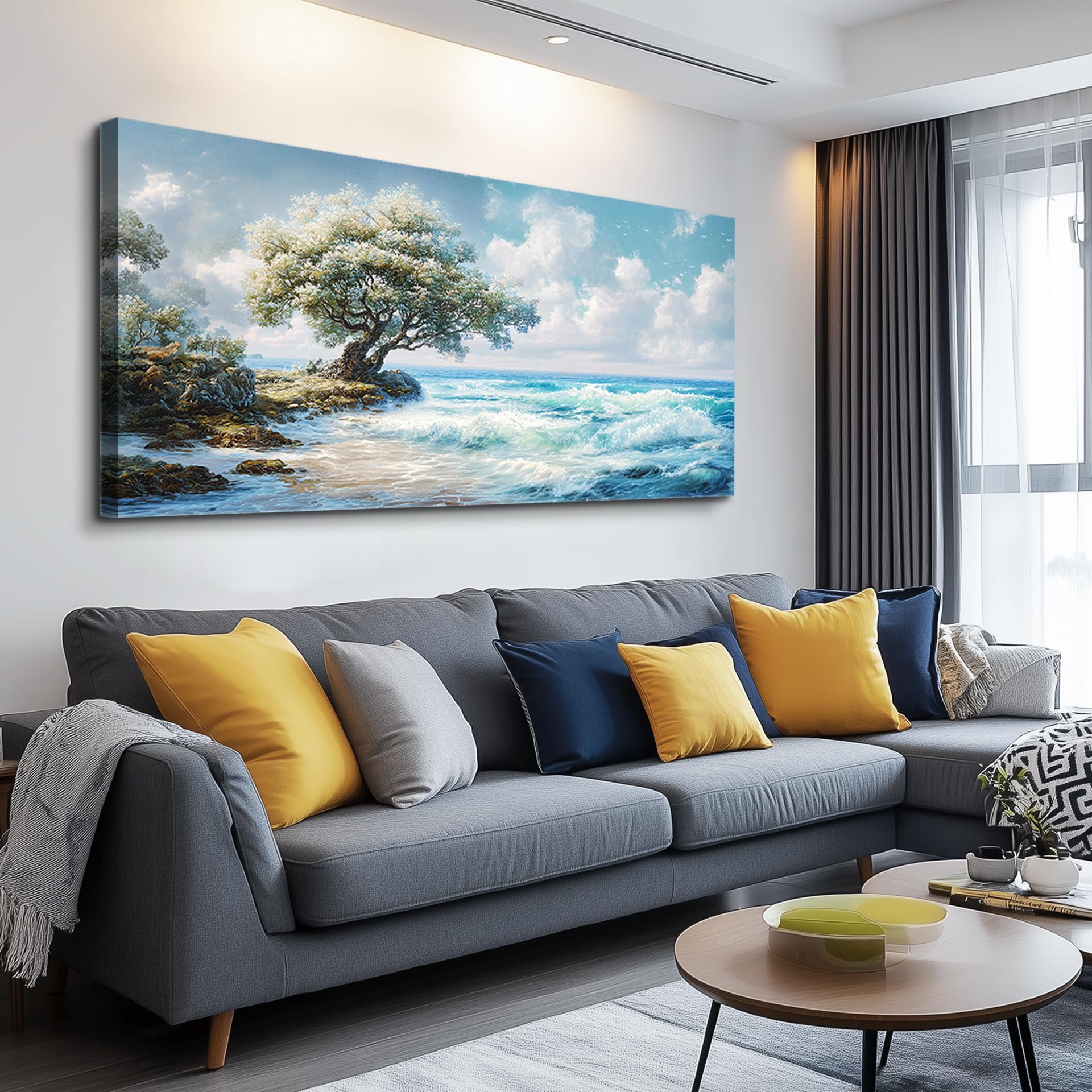 Condition photo showing New/Like New for xiguangart coastal canvas prints wall art beach sunset ocean waves nature pictures trees on rock blu