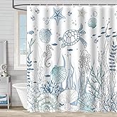 Aqrbeci Coastal Turtle Shower Curtain, Seahorse Starfish Seashell Ocean Beach Shower Curtains for Bathroom Fish Coral Ocean Blue Waterproof Fabric Bathroom Curtains 72x72 Inch with 12 Plastic Hooks