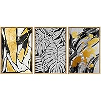 SIGNWIN Framed Canvas Wall Art Black and Gold Pattern with Black-White Monstera Leaves Abstract Oil Painting Modern Expressive for Living Room, Bedroom, Office - 16