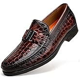 Classic Mens Leather Dress Shoes, Luxury Crocodile Printed Slip on Loafer with Matel Buckle Penny Shoes for Mens