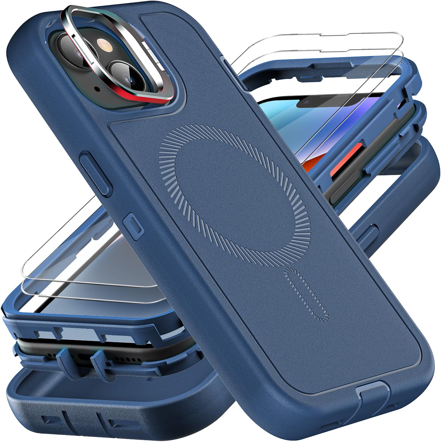 YKHJKLEC for iPhone 13/14 Case, Military Grade 3 in 1 Heavy Duty Shockproof/Drop Proof/Dust Proof with Kickstand Case, with 2 x Tempered Glass Screen Protector (ZJ-Navy Blue)