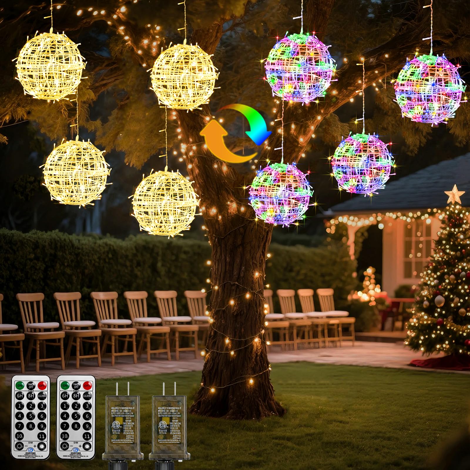 Photo 1 of 8 Pack Color Changing Christmas Tree Ball Lights Outdoor with Remote Memory Timer, 7.87" Ornaments Sphere LED Lights Waterproof, 11 Modes Globe Lights with Plug for Garden Yard Porch Patio Decoration