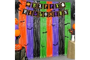 PARTY TONIGHT 3 Pack Halloween Foil Fringe Curtains Party Decoration, Include 24pcs 3D Bat Stickers and Banner Tinsel Streamers Photo Booth Backdrop Wall Decor for Halloween Party Decoration Supplies