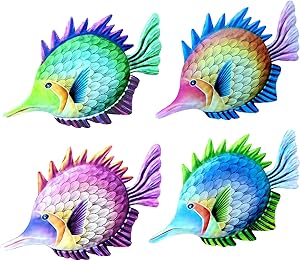 Metal Fish Wall Decor, Set of 4 Metal Fish Outdoor Wall Art Sea Life Art Metal Wall Sculpture Hanging Decor for Pool,Colorful Cute Metal Fish Statues for Porch Fence Garden Decor, Bedroom, Living Room