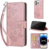 KENHONER Designed for iPhone 14 Pro Case Wallet,Women Flip Folio Cover with Embossed PU Leather Stand Credit Card Holders Slots Wrist Strap Phone Case for iPhone 14 Pro 6.1 Inch (Rose Gold Butterfly)