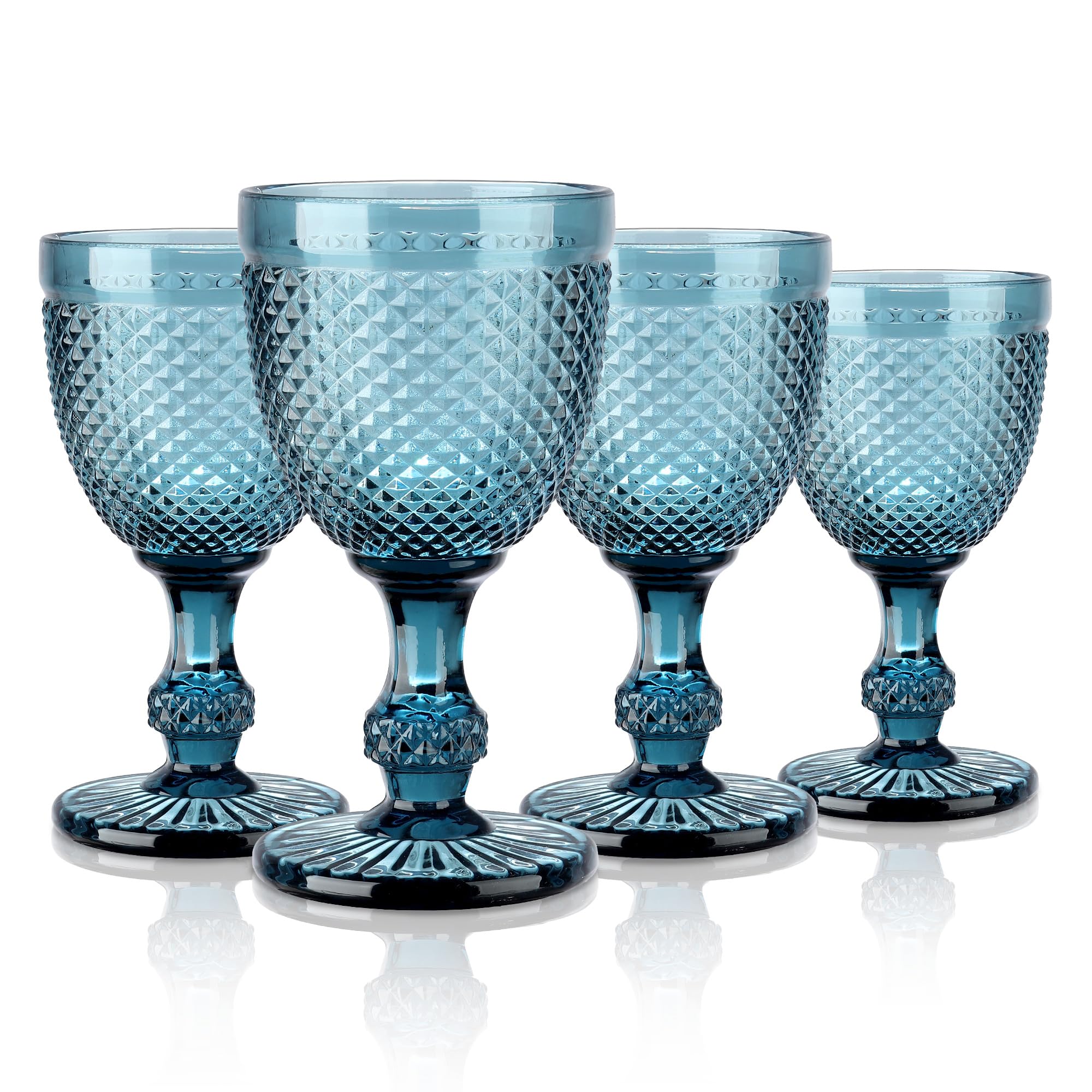 Joeyan 270ml Blue Vintage Wine Glasses,Colored Embossed Glass Goblets,Stemmed Drinking Glasses Cups with Diamond Design,Glassware Set for Wedding Party Bar,Set of 4,Dishwasher Safe