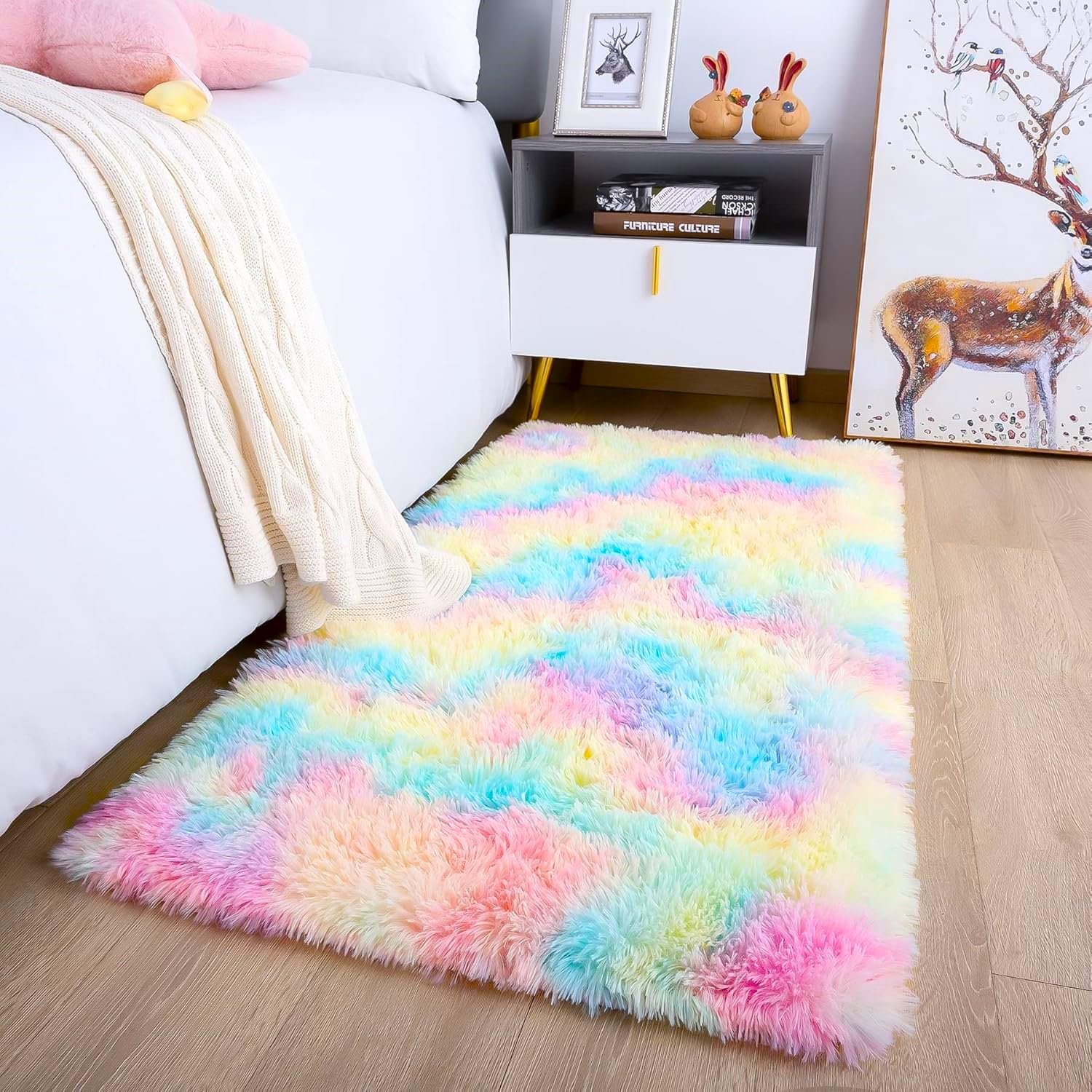 Oxford Homeware Rugs Living Room 60x110 cm – Rainbow Area Rugs for Bedroom Small – Fluffy Shaggy Super Soft Non Slip Rug Washable Modern Floor Carpets Bedside Rug for Kids Room