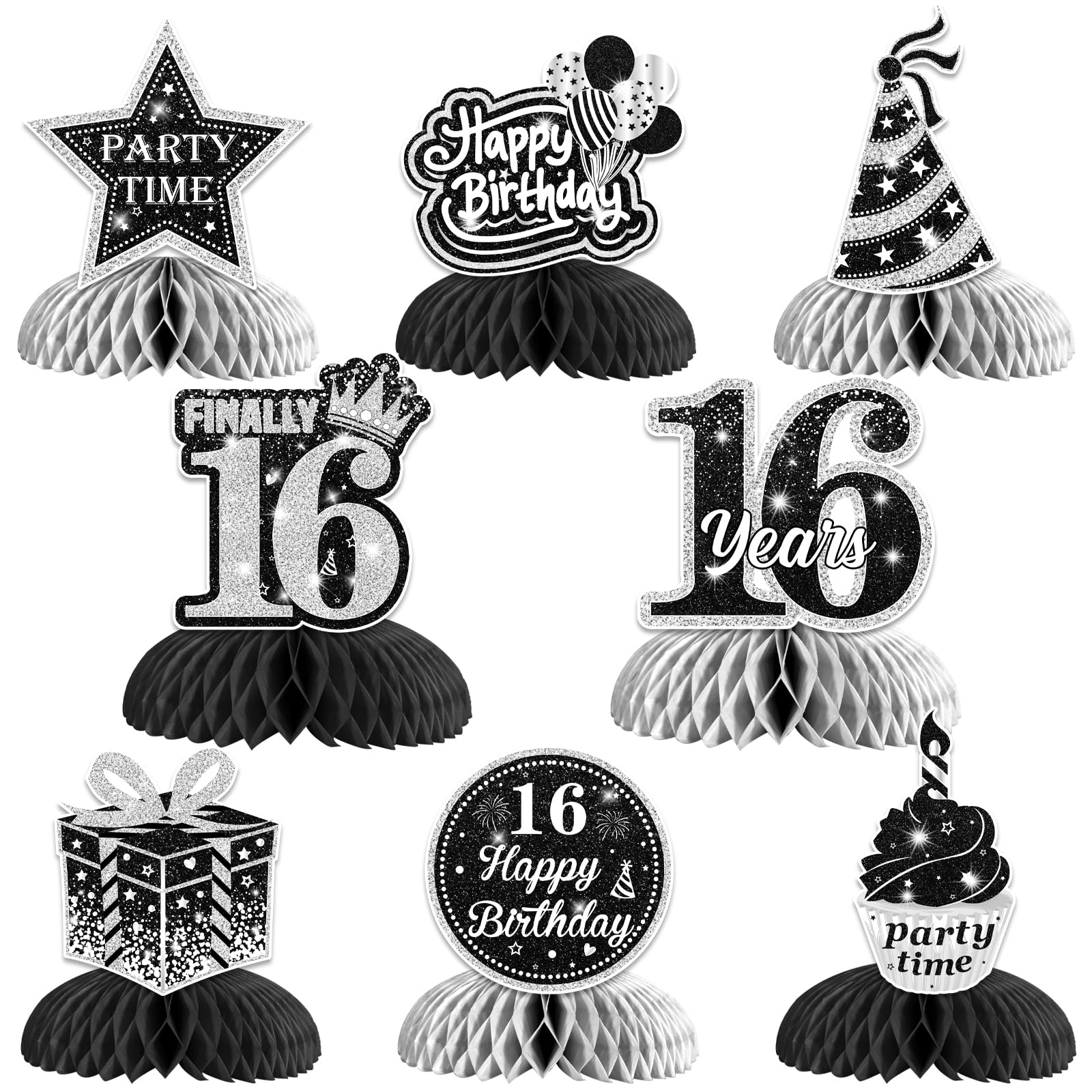 Jollyboom 8PCS 16th Birthday Honeycomb Centerpieces, Black and Silver Birthday Decorations for Table Double-Sided Printing Happy Birthday Table Toppers for Boys Girls Sweet Sixteen Birthday Party