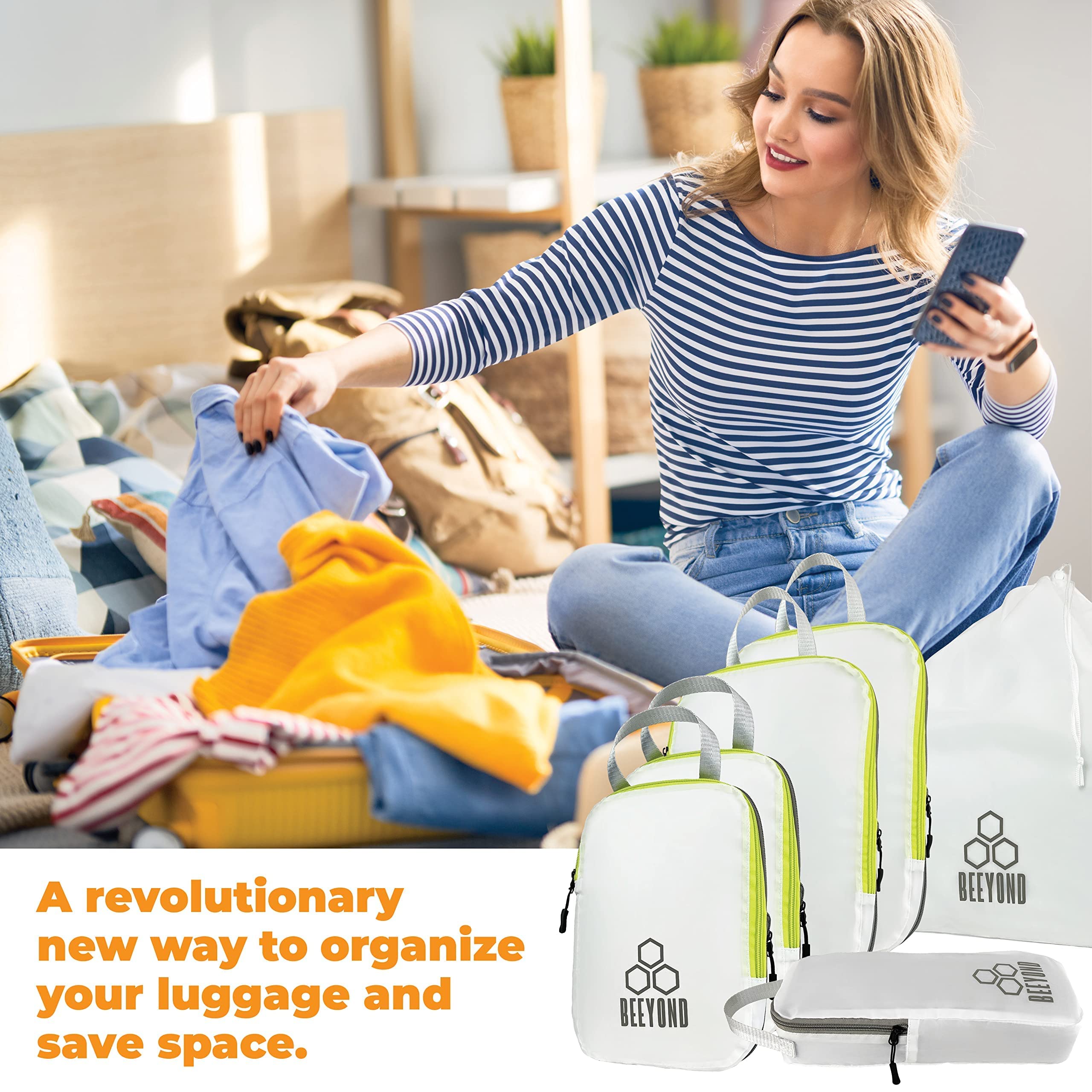 Beeyond Compression Packing Cubes Set - 6 Pieces for Travel and Luggage Organization, Includes Large & Small Cubes, Accessories Bag, and Laundry Bag