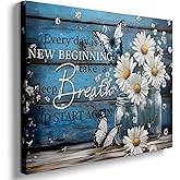 Inspirational Butterfly Daisies Canvas Wall Art Blue Daisy Floral Poster Print Vibrant Flower Picture Painting Rustic Home Decor Ideal for Country Farmhouse Living Room Bedroom(12''x16'')