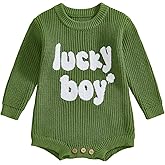 DSOKUHIB Baby Boy St Patricks Day Clothes Lucky Boy Embroidery Knit Sweater Romper Long Sleeve Bodysuit Jumpsuit Irish Outfit