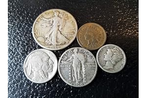 Old U.S. Silver Coins 5 Coin Collection Set - Indian Head Cent, Buffalo Nickel, Mercury Dime, Standing Liberty Quarter, Walking Liberty Half Dollar Various Mint Marks Fine and Better