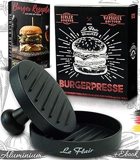 Le Flair® Alu Burgerpresse aus hochwertigem Aluminium - Hamburgerpresse mit Aufbewahrungstasche - Burger Patty Presse inkl. 50 Blatt Backpapier - Perfektes Grillzubehör Geschenk für Männer schwarz
