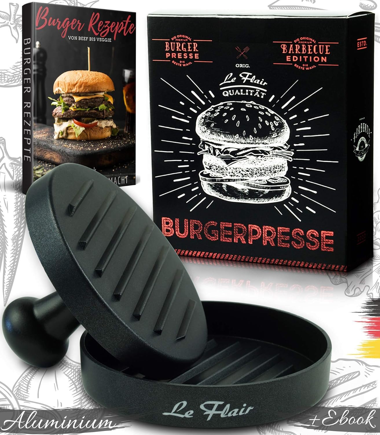 Le Flair® Alu Burgerpresse aus hochwertigem Aluminium - Hamburgerpresse mit Aufbewahrungstasche - Burger Patty Presse inkl. 50 Blatt Backpapier - Perfektes Grillzubehör Geschenk für Männer schwarz