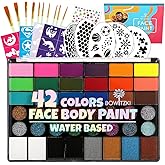Bowitzki Face Paint Kit for Adults Stencils Glitter Brushes Face Painting Set for Sensitive Skin Water Based FDA Compliant Professional Body Painting (42 new)