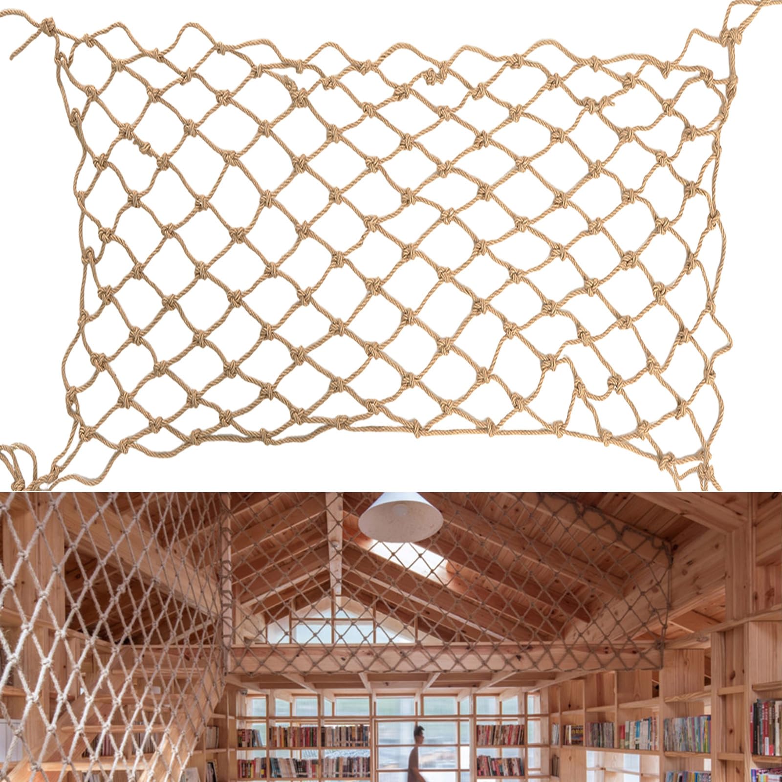 Photo 1 of Ganggend Rope Net (4ftx8ft) Heavy Duty Natural Jute Rope Net Climbing Safety Rope Netting Balcony Stairs Fence Garden Playground Protection Net Indoor & Outdoor Decor Rope Net