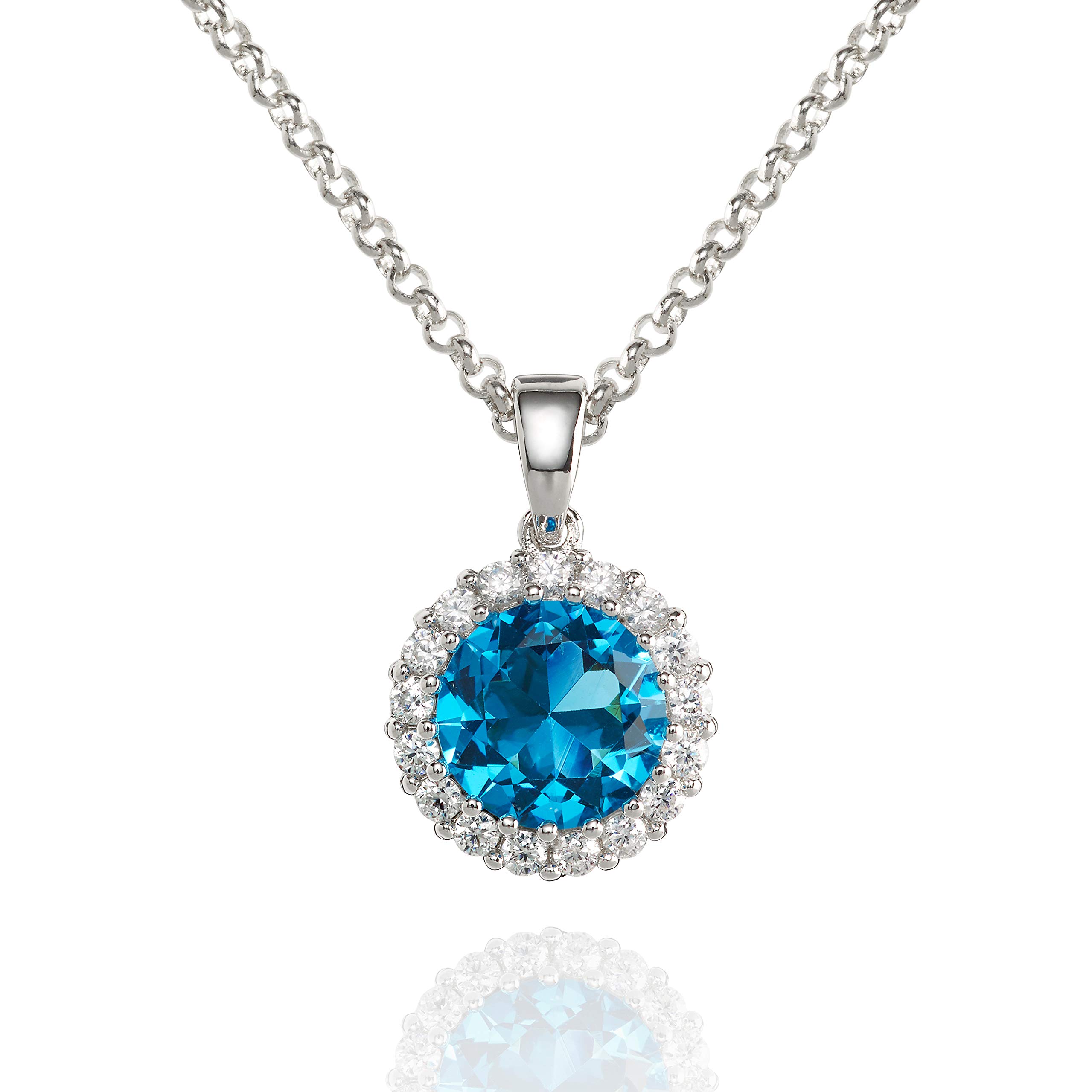 namana Halo Necklace with an Aquamarine Blue Cubic Zirconia. Silver Halo Drop Pendant Necklace with a Turquoise Blue Stone