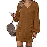 VAFOLY Women's Pullovers Jumper Sweaters Lantern Sleeve Casual V Neck Fall Knit Mini Sweater Dresses