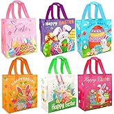 6 Pack Easter Gift Bags with Handles(4.3x8.6x9.4 Inch) Non-woven Fabric Goodie Snack Candy Treat Tote Wrap Bags Reusable Bulk Spring Easter Basket Stuffers Party Decorations Favors Supplies Baggies