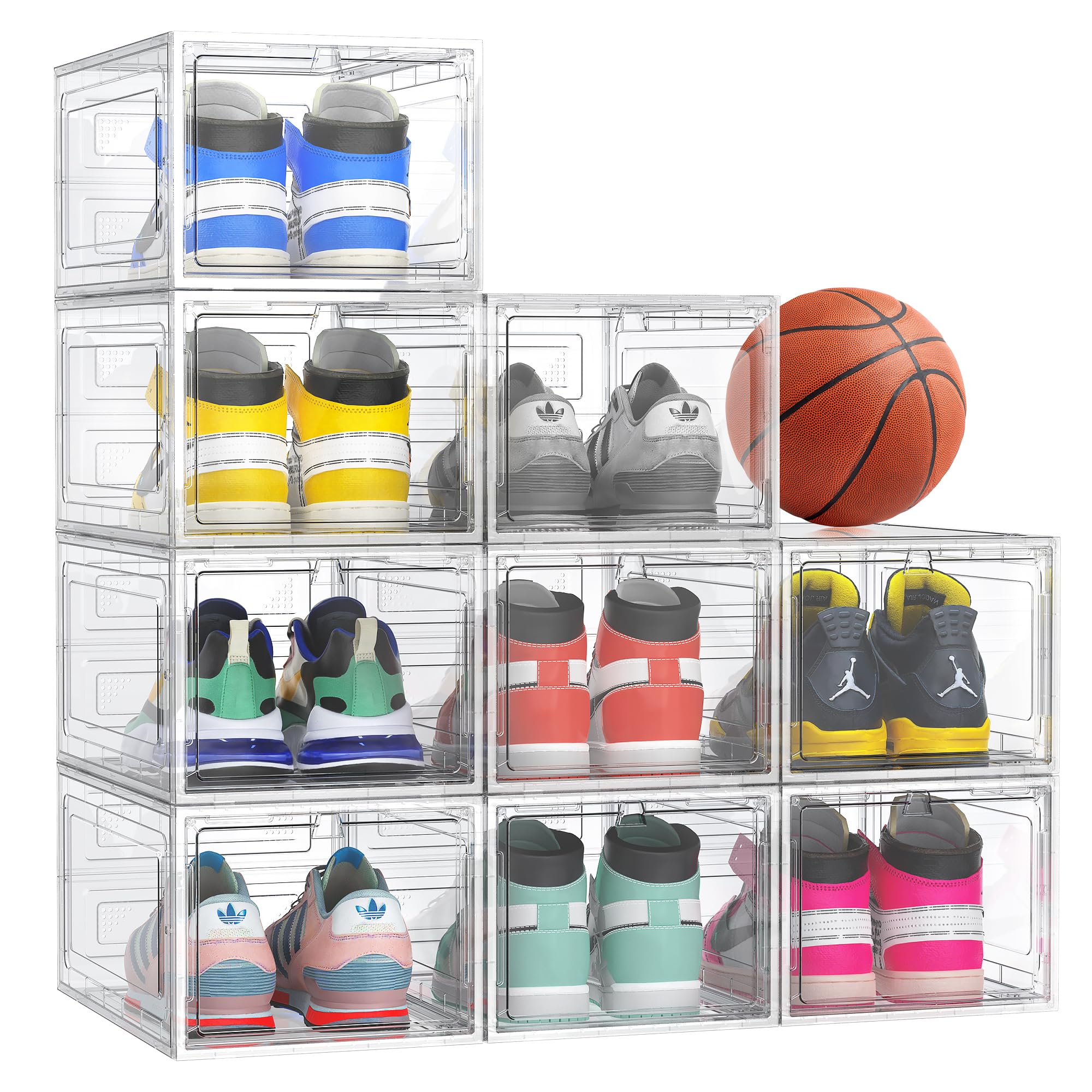 Photo 1 of Kjfeoiye 9 Pack Hard Sturdy Thickened Rigid XX Large Shoe Storage Organizer for Closet, Clear Stackable Sneaker Shoe Boxes Rack Containers Display Case Bins with Lids, White