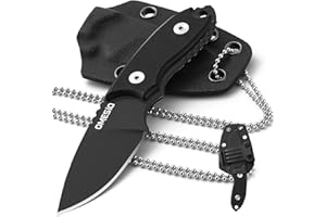 Omesio Neck Knife, 5.43" Neck Knife with Sheath and Necklace, Full Tang Small Mini Fixed Blad Knife with Clip D2 Steel 2.17-Inch Blade G10 Handle for Camping, Tactical (Black Handle + Black Blade)