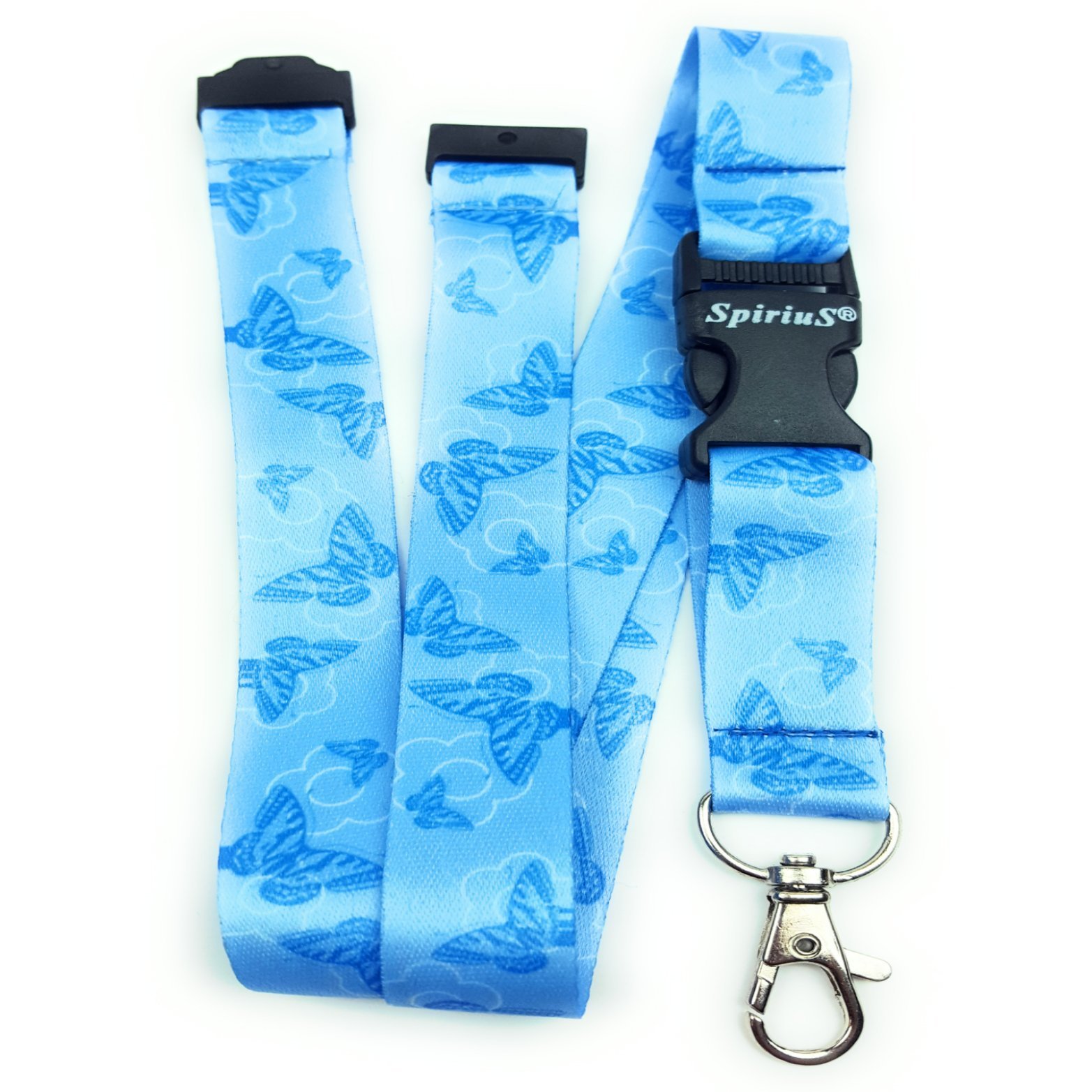 SpiriuS Butterflies Breakaway Neck Strap Lanyard with Safety Clip Strong Detachable Metal Clip for ID Card Badge Holder, Key Holder (Blue Butterflies)