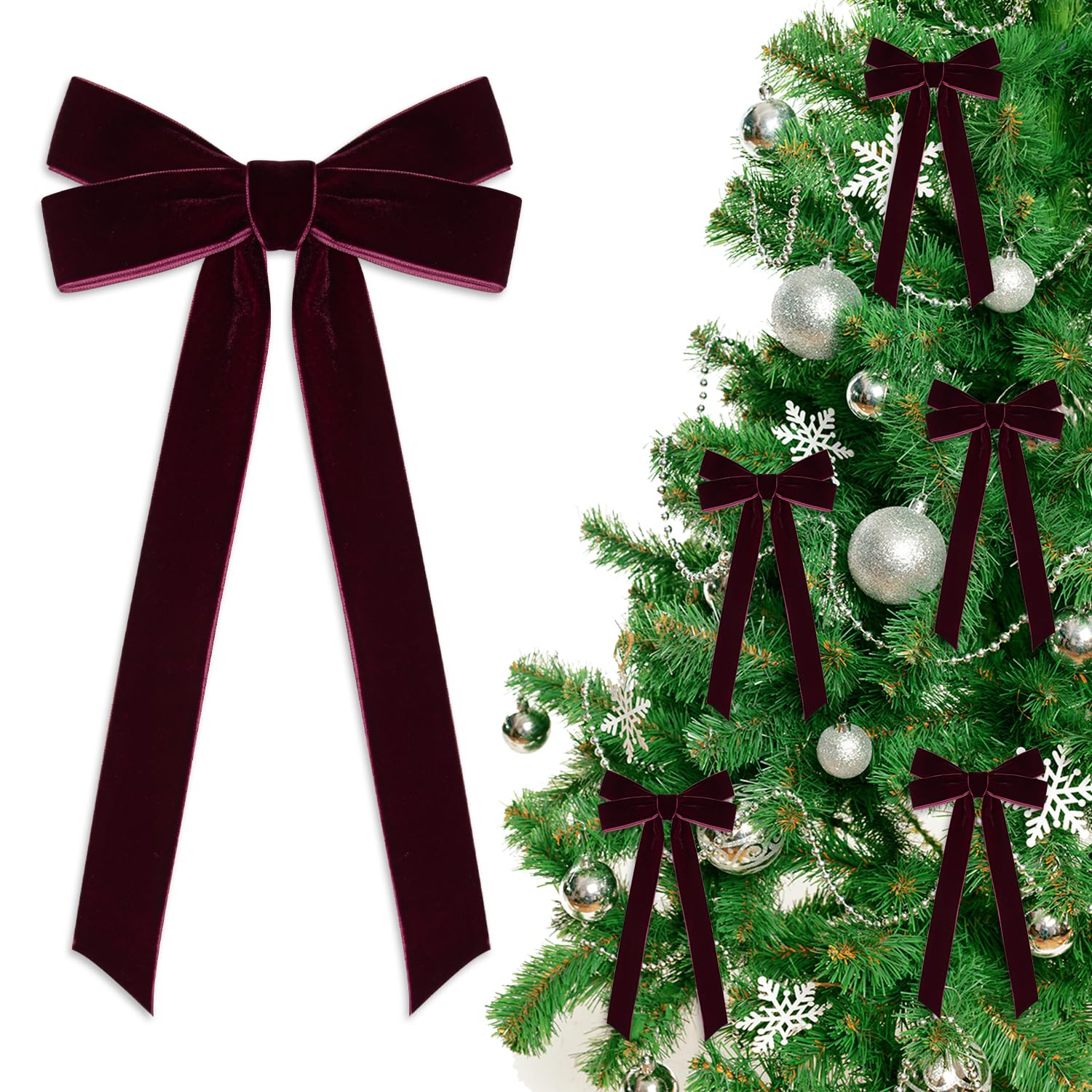 Photo 1 of 12 PCS Deep Burgundy Velvet Christmas Bows Ornaments Decorations, 10.2'' Vintage Long Velvet Bows Decor Ornaments for Christmas Tree Wreath Mantle Stair Gift Wrap, 0.98’’ W/5.11 * 10.23 inch