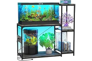 Hyomdeck 20-29 Gallon Fish Tank Stand with Power Outlet & LED Light, Reversible Wood Aquarium Stand with Shelve for Fish Tank Accessories Storage, Metal Frame, Turtle/Reptile Terrarium Stand, Gray Oak