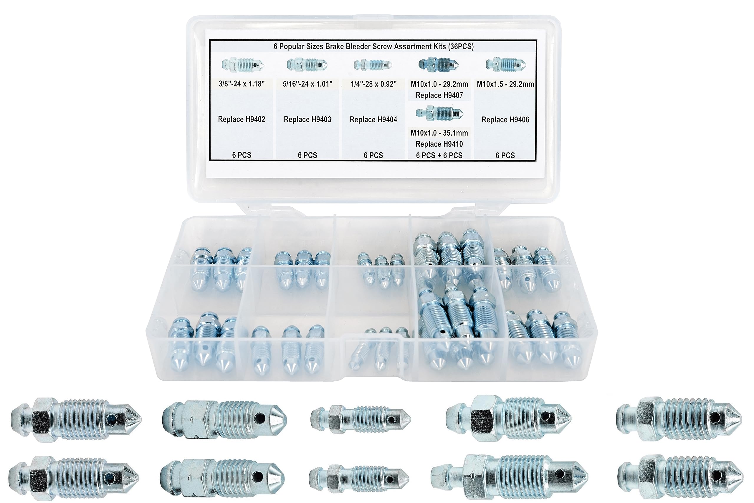Photo 1 of Dsnaduo 36 PCS Bleeder Valve,Brake Bleeder Screw Assortment Kit Replace H9402-6, H9403-6, H9404-6, H9406-6, H9407-6, H9410-6