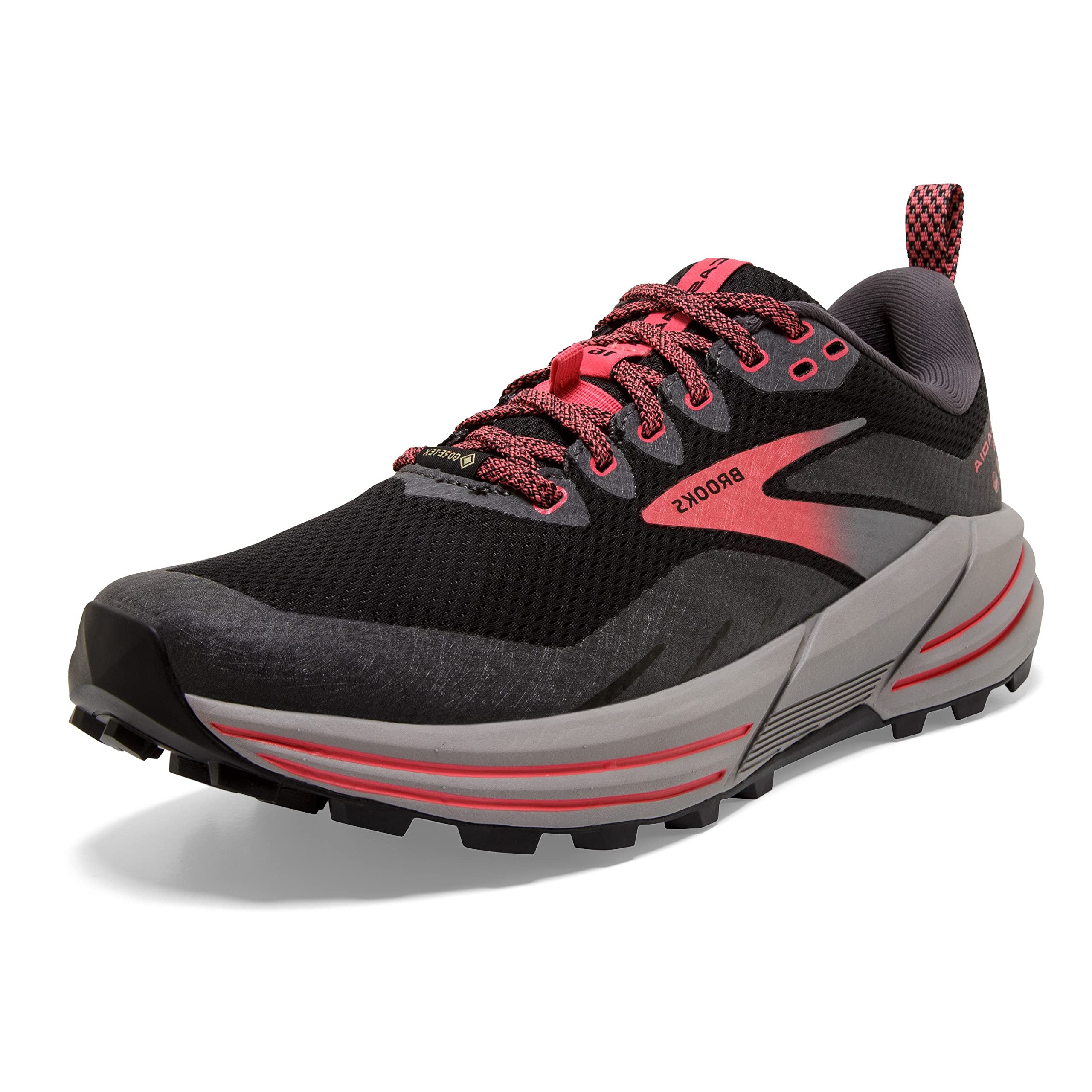 Photo 1 of Brooks Women’s Cascadia 16 GTX Waterproof Trail Running Shoe - Black/Blackened Pearl/Coral - 8 Medium