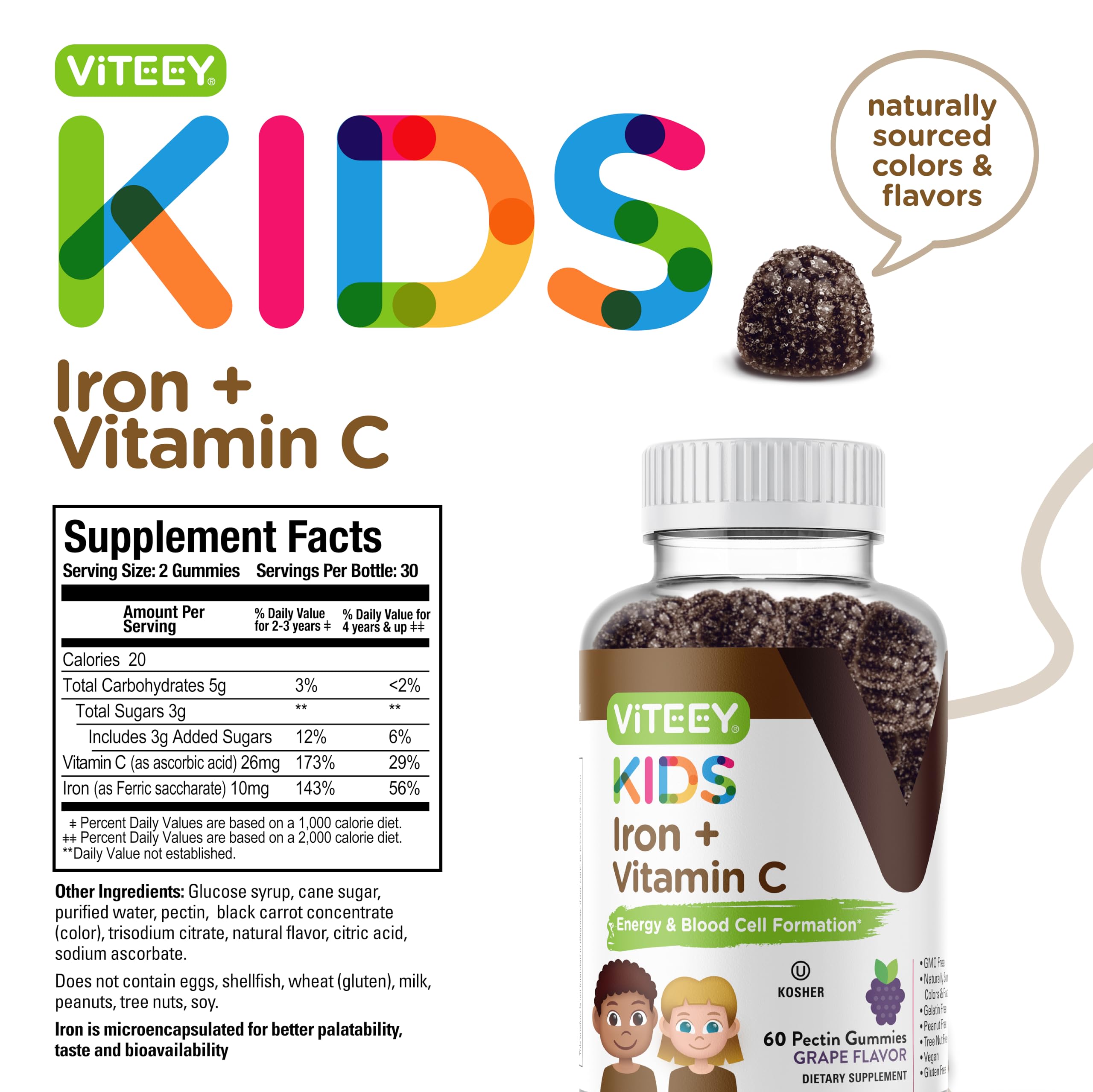 VITEEY Iron for Kids with Vitamin C - Supports Energy, Blood Cell Formulation, Blood Builder Anemia Kids Iron Supplements - Vegan, Gelatin Free, Gluten Free - Tasty Chewable Grape Flavored Gummy