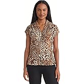 Kasper Women's Cap Sleeve Funnel-Neck Animal Print Top