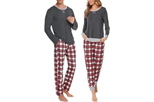SWOMOG Couples Pajama Sets Women & Men Long Sleeve Sleepwear Top Plaid Pants Loungewear Set with Pockets