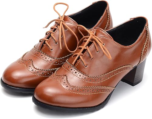 Odema Womens Pu Leather Oxfords Wingtip Lace Up Mid Heel Pumps