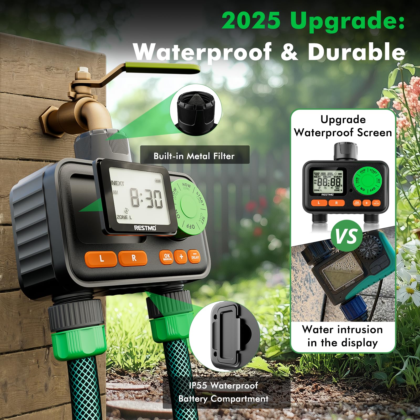 Condition photo showing New/Like New for [2 pack] restmo 2 zone sprinkler timer, programmable water timer for garden hose, automatic digital 