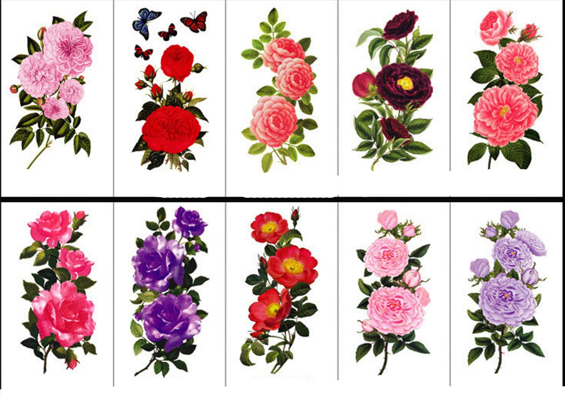 10 Sheets Large Temporary Tattoos Flower Paper Body Tattoo Sticker for Women & Girl Fake Tattoo (Lily, Peach, Plum, Peony)