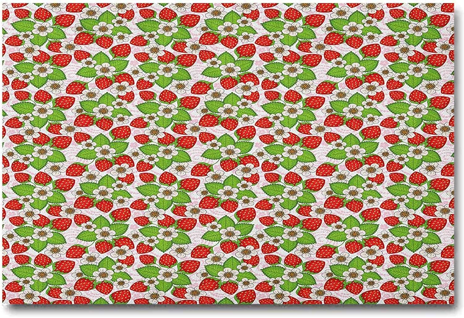 ScottDecor Floral Wall Sticker Strawberries with Flowers and Leaves Summer Season Themed Eating Food Teacher Appreciation Gifts Under 10.00 Vermilion Green Pink L36 x H24 Inch