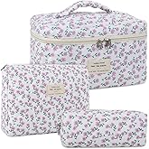 Anfly Makeup Bag, Quilted Cosmetic Bags, Large Floral Make Up Bag for Women, Cute Cotton Makeup Bag 3PC Set, Travel Toiletry Bag (Purple)