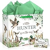 Frakron Mallard Duck Baby Shower Birthday Gift Bag for Boys Girls A Little Hunter Is On the Way Bag with Wrapping Paper Card Green Duck Hunting Gift Bag for Welcome Baby Shower Party Supplies