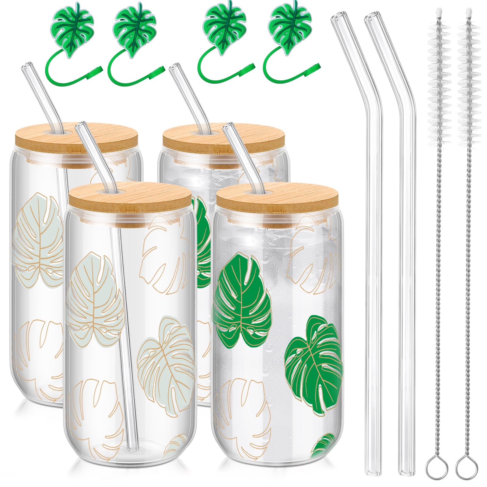 Photo 1 of Skylety 4 Set Color Changing Cups with Bamboo Lids & Straws 16 oz Monstera Glass Cup Summer Iced Coffee Cold Tumbler Plant Lover Gifts Cute Can Drinking Glasses for Beach Office, 2 Brushes