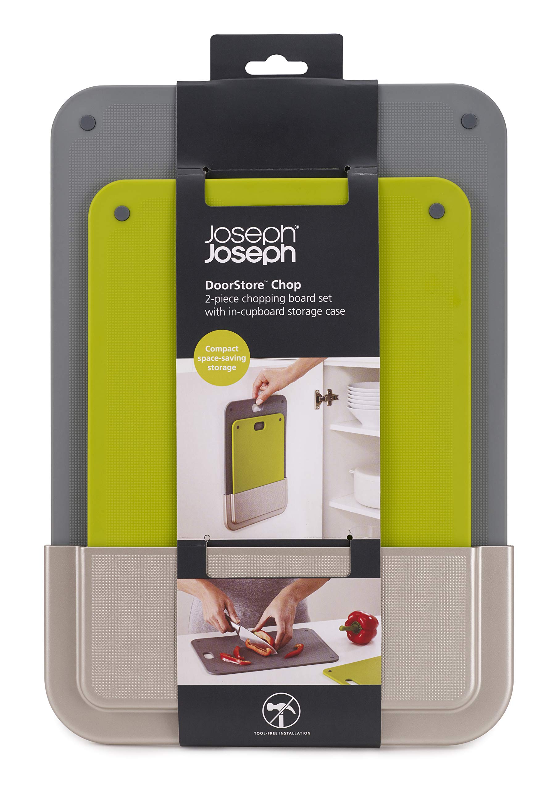 Joseph Joseph DoorStore Chop Cutting Board Set with Storage Case 3M Adhesive Wall and Cabinet Door Mount, 2-Piece, Multicolored